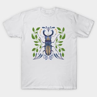 Whimsical Beetle Bug Drawing with leaves and flower pattern T-Shirt